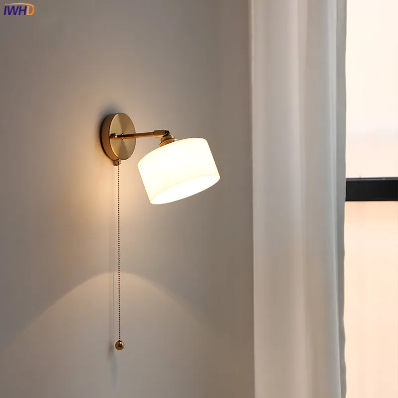 IWHD Milk Glass LED Wall Light Fixtures Pull Chain Switch Bedroom Bathroom Mirror Light Nordic Modern Wall Sconce Wall Wandlamp