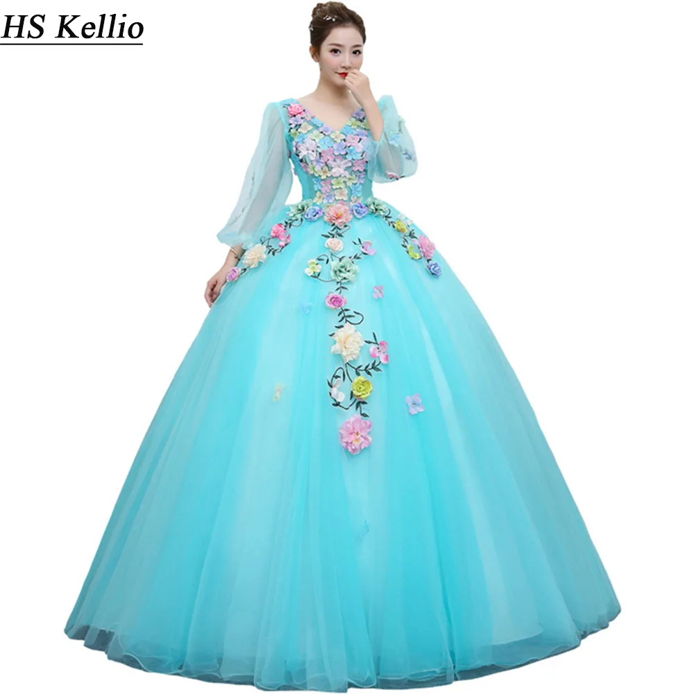 Xanh Dương Quinceanera Đầm Quý Tay Bầu Đầm Dự Tiệc Cho Bé Gái