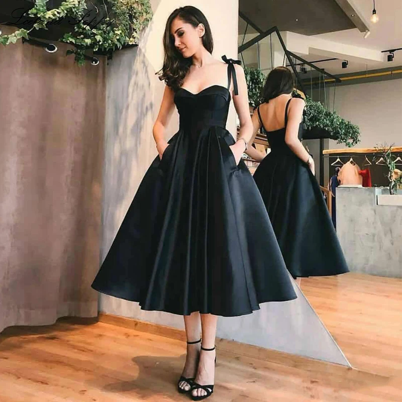 Lceland Poppy Customized A-line Tea Length Satin Prom Dresses Sleeveless Short Homecoming Dresses Prom Gowns with Pockets