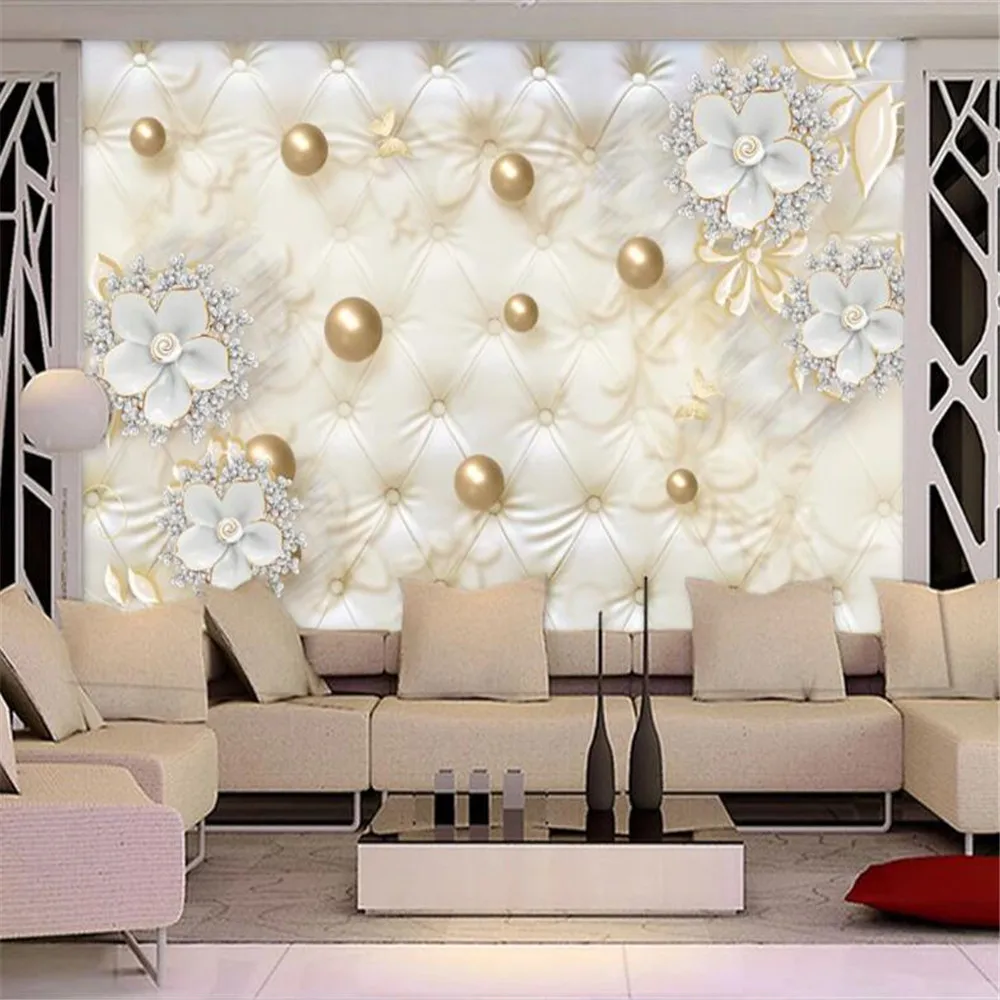 

Milofi custom wall wallpaper mural European 3d luxury white flower soft bag round ball jewelry TV background wall