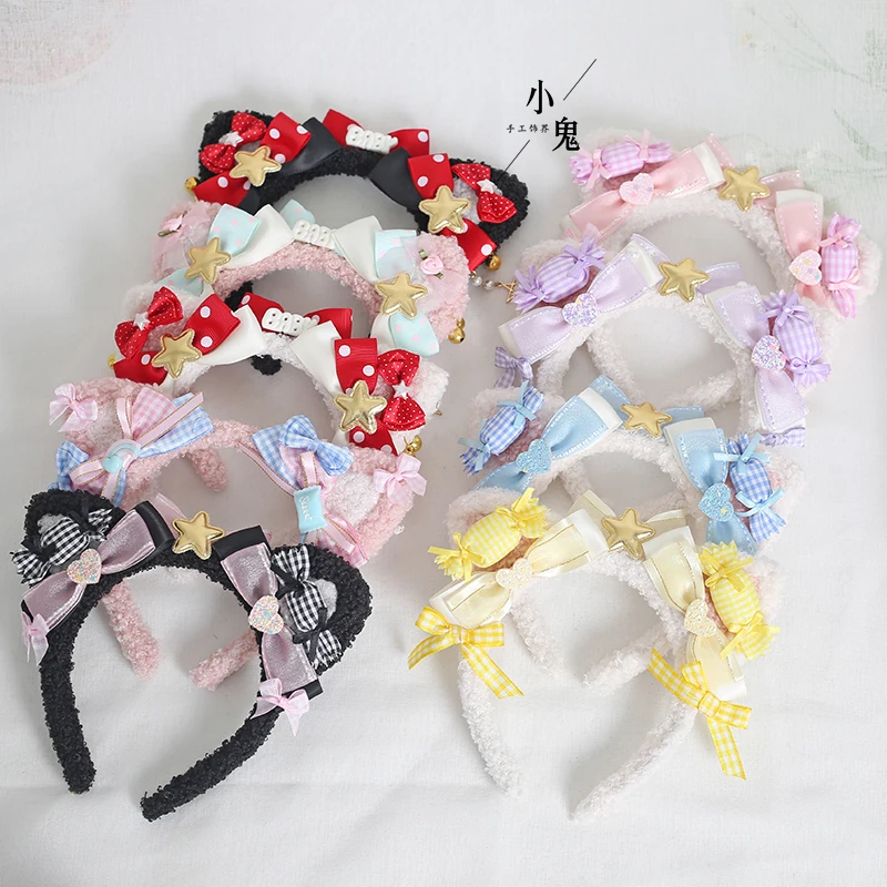 Japanese Handmade Sweet Soft Girl Lolita Pink Blue Cat Ear Headband Hair Accessories Cute Lolita Bow KC Headdress