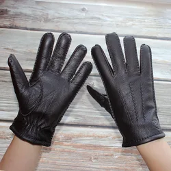 Leather Deerskin Gloves Men's Wool Lining Hand Sewn Fashion Stripe Style Warm Autumn and Winter Brown Touch Screen Split Fingers