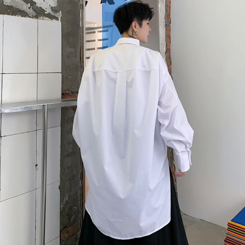 Men's new long sleeve irregular lapel design short front and long back loose large size casual shirt street style clothi