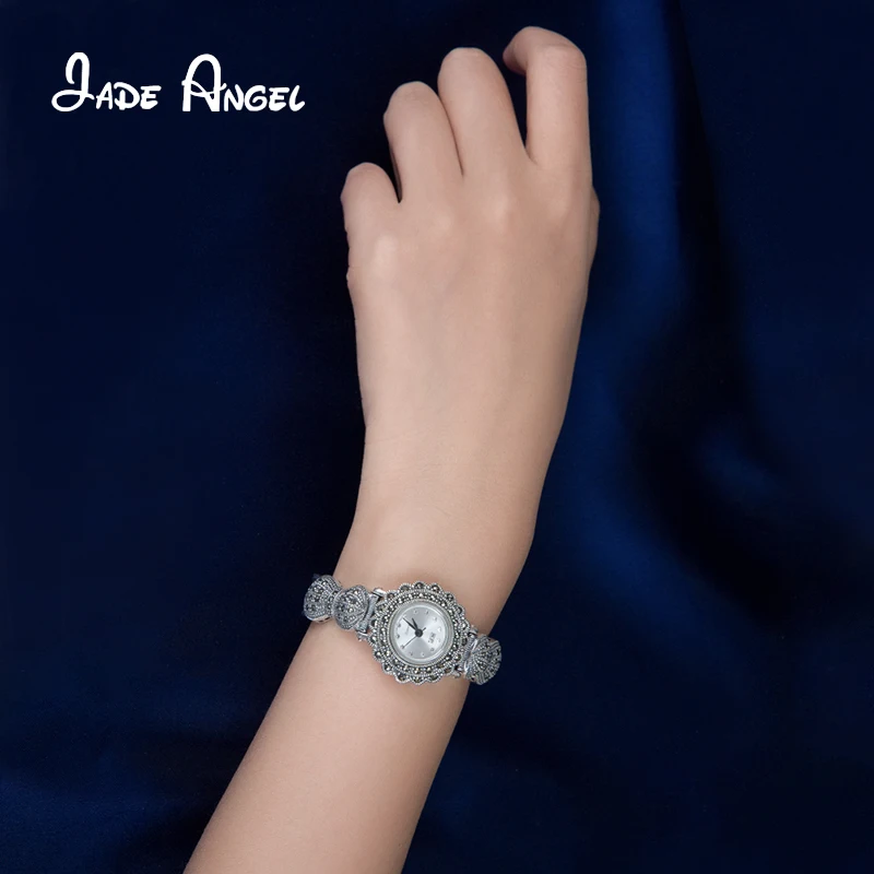 Jade Angel New 925 Sterling Silver Round Flower Design Wristwatch Vintage Marcasite Watch Bracelet for Women Luxury Jewelry Gift