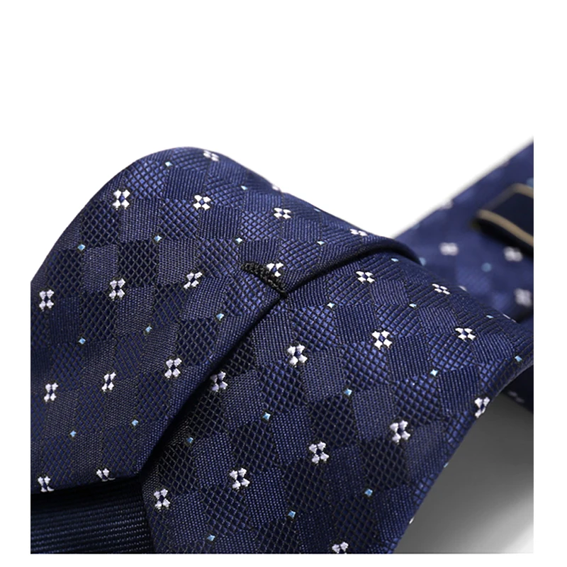 8CM Luxury Plaid Tie For Men Brand Designer Wedding Business Fashion Dress Suit Silk Polyester Navy Blue Necktie With Gift Box