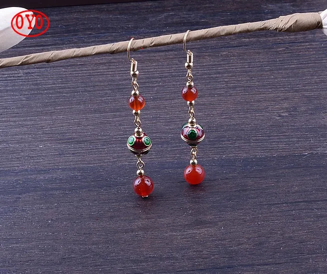 

925 sterling silver ethnic red agate earrings, long tassels, ancient costume temperament retro earrings