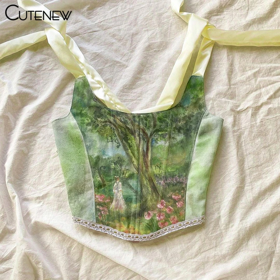 Cutenew Y2K Vintage Aesthetic Printing Crop Tops Women's Clothes Summer Sexy Bandage Tank Top Skinny Clubwear Camisole Hot Deals