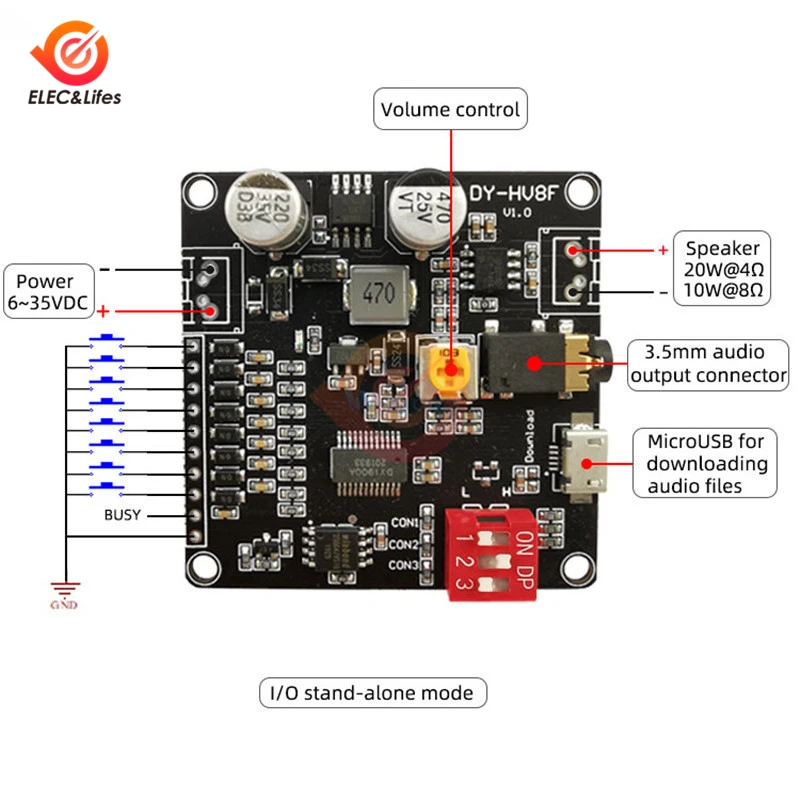 Zasilacz 12V/24V 10W/20W moduł odtwarzania głosu wsparcie regulacja głośności Micro karta SD TF MP3 odtwarzacz muzyczny dla Arduino