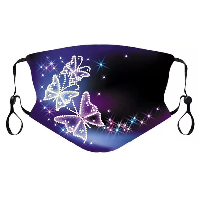 New Shiny Rhinestone Butterfly Print Pattern Cotton Reusable Washable Mask  Face Decor Jewelry