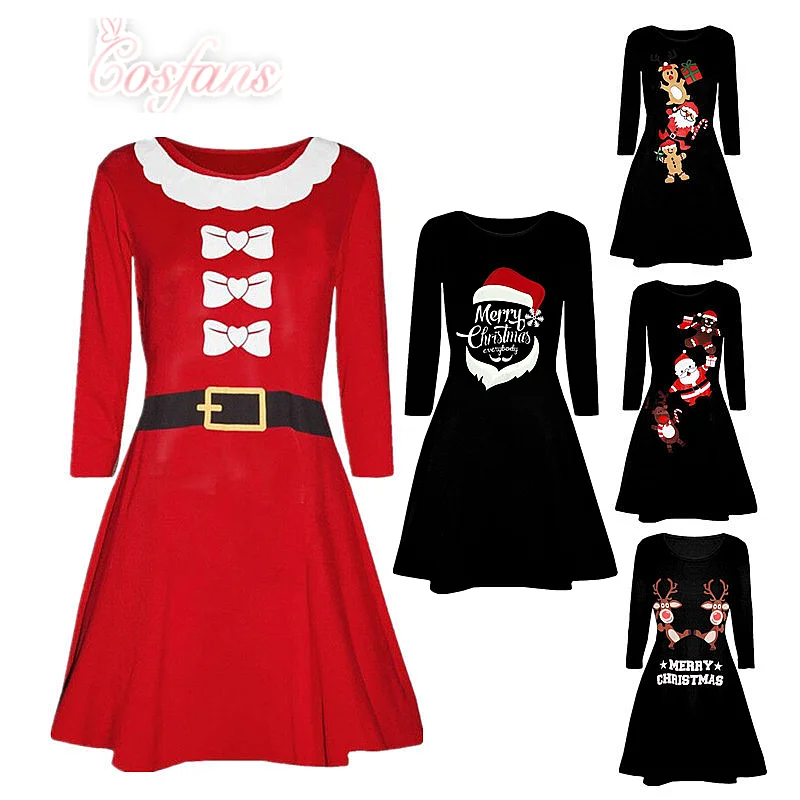 Frauen Santa Claus Gedruckt Langarm Abend Prom Kostüm winter mini Kleider kerstjurk weihnachten party kleid Kostüm kleidung