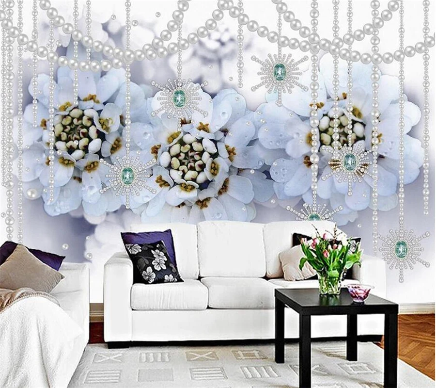 wellyu Custom wallpaper Modern minimalist blue flower pearl 3D three-dimensional jewelry wall papier peint behang tapeta