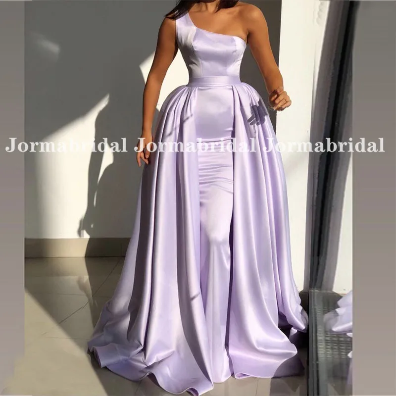 Vestido de noche de sirena lila con falda desmontable para mujer, vestidos de fiesta formales de satén largos y sexis con un hombro al descubierto para graduación