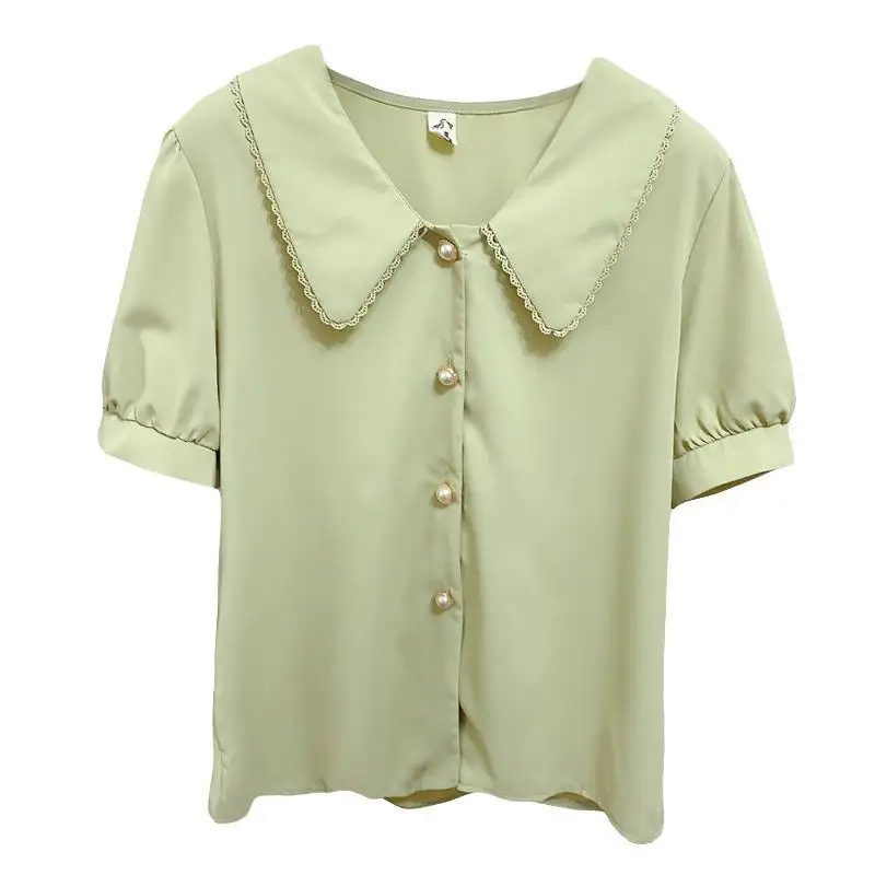 Women's Shirt 2024 New Doll Collar Short-sleeved Chiffon Blouse Summer Sweet Pearl Single-Breasted Shirts Casual Top Clothing