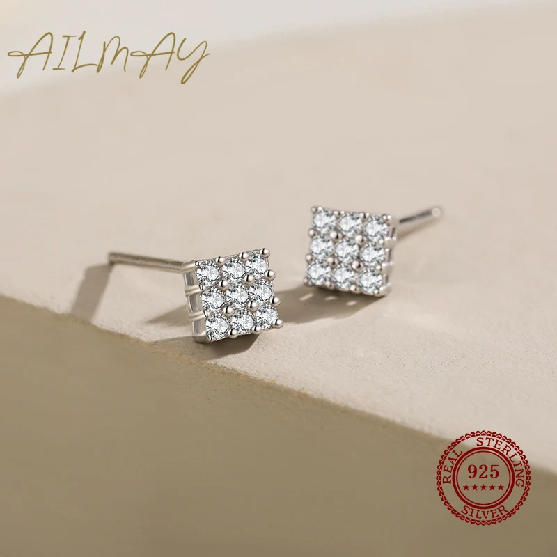 Ailmay Real 925 Sterling Silver Shining Zircon Square Stud Earrings For Women Wedding Engagement Fine Jewelry Gift