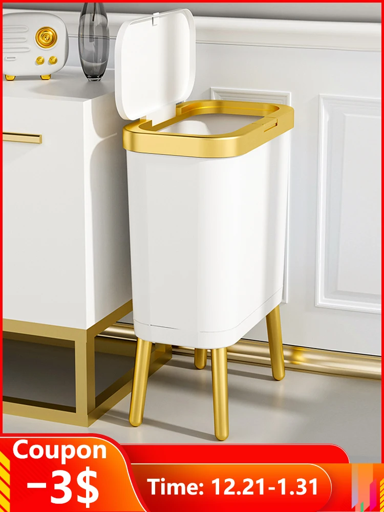 

15L Large-capacity Trash Can Golden Luxury Kitchen Garbage Can With Lid Creative High-foot Push-type Bathroom Plastic Waste Bins