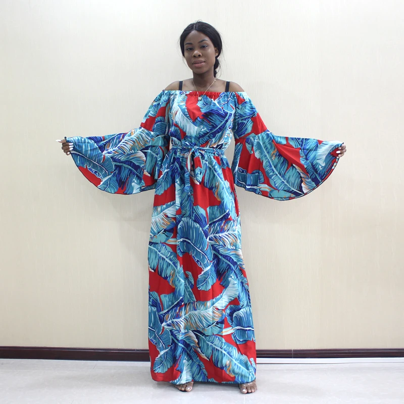 Dashikiage 2019 Latest Arrivals African Dashiki Palm Leaf Pattern Print Of Shoulder Butterfly Sleeve Fashion Women Long Dress