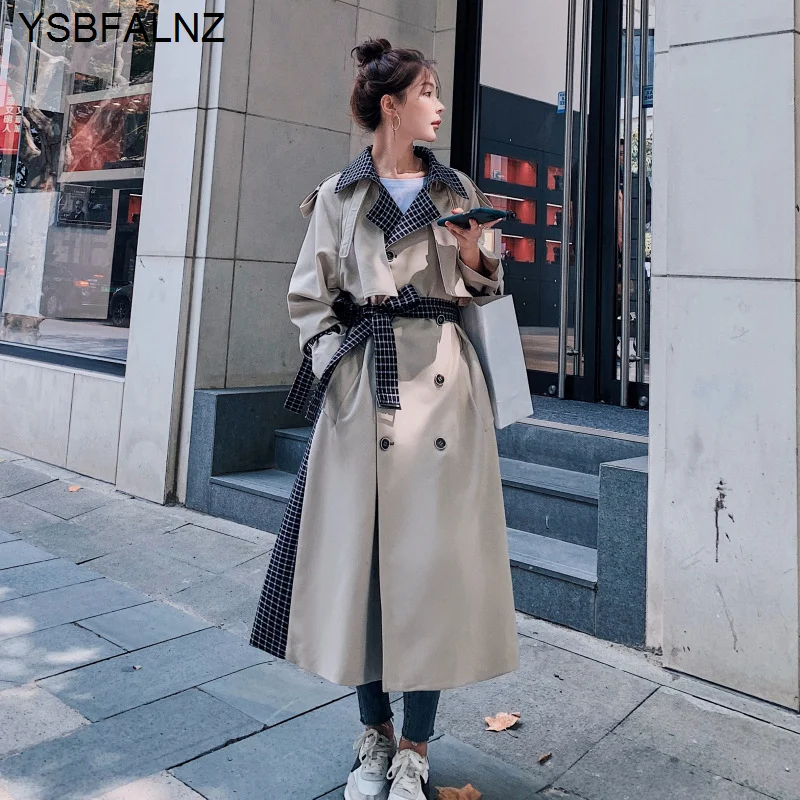 2023 Female Windbreaker Autumn Fashion Womens Trench Coats England Style Plaid Long Sleeve Slim Lapel Long Length With Belt New