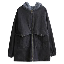 140Kg Plus Size Bust 144cm Women's Winter Loose Long-Sleeved Hooded Lamb Wool Fleece Denim Jacket Black 5XL 6XL 7XL 8XL