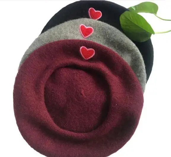 

Autumn Winter Vintage Black Cute Heart Embroidery Beret Women Artist Cap Ladies Wool Hat Headwear Berets