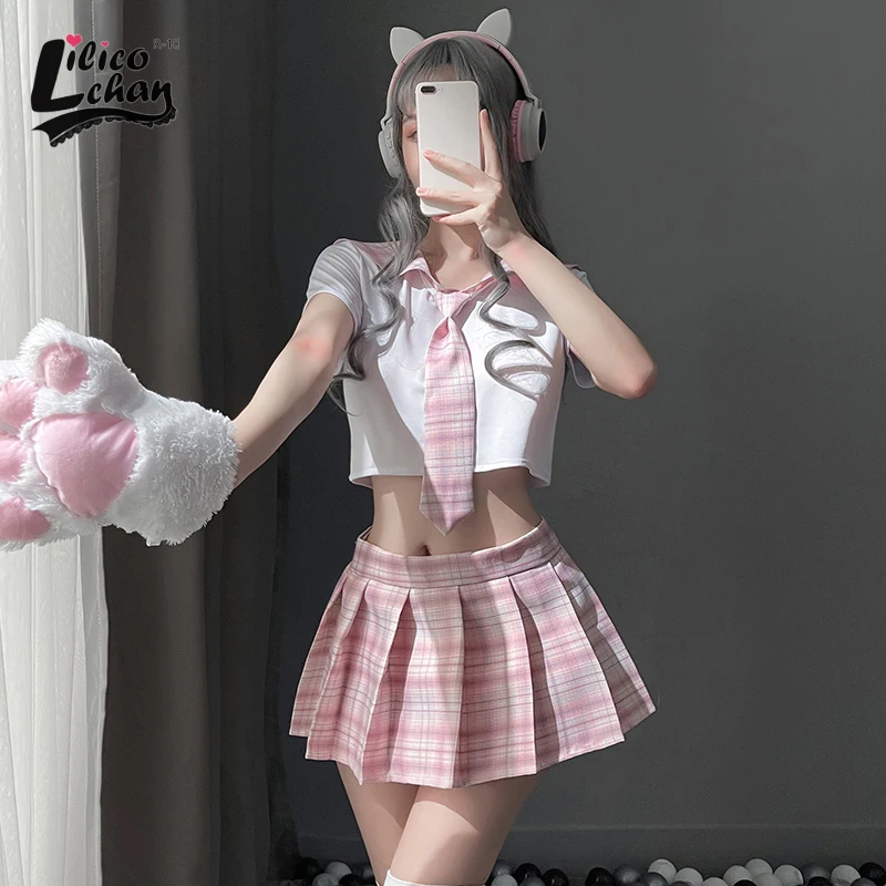 Dessous Cosplay Einheitliche Japanischen Plaid Anime Frauen Sexy Schülerin JK mit Gefaltetes Rock Student Roleplay Kostüme Cheerleading