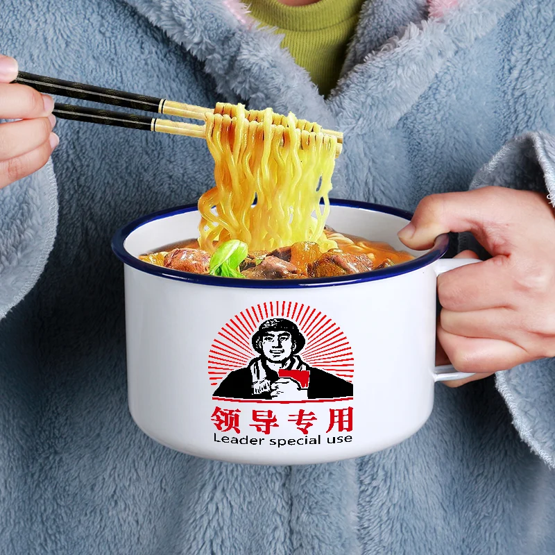 Chinese enamel instant noodle bowl with lid household large size instant noodle bowl nostalgic single lunch box