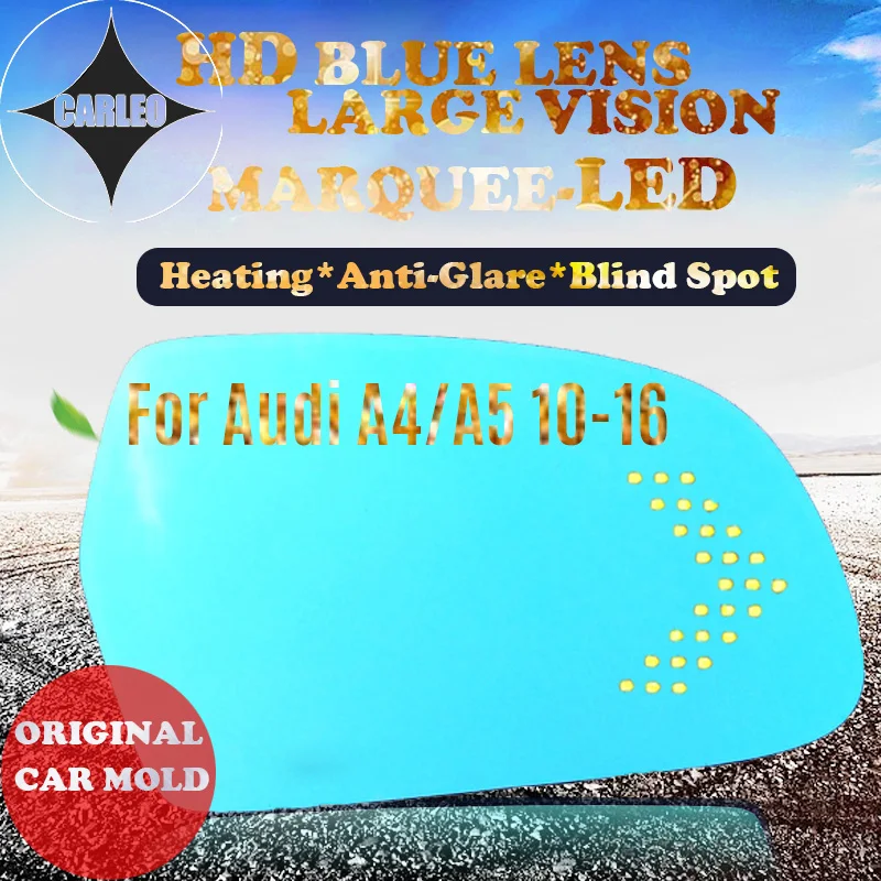 1 Pair Car Side View Mirror Lens for Audi A4LA5 2010-2016 Blue Glass HD Large view With Heating Blind Spot Warning Marquee LED