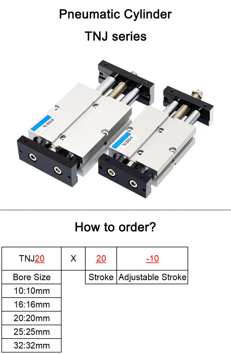 TNJ Pneumatischer Luftzylinder mit Einstellbarem Hub, Doppeltwirkend, Doppelwelle, Doppelstangen-Zylinder für Automatisierungsanlagen, Kolben – Detail 1