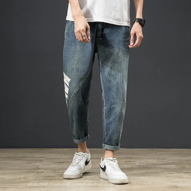 

New Summer Classic Style Thin Light Blue Printing Trend Straight Loose Denim Pants Korean All-match Men's Jeans Elastic Trousers