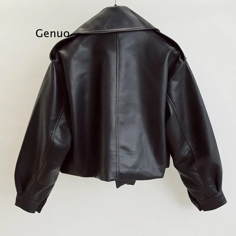 Chaqueta de cuero sintético para mujer, abrigo rojo y blanco con cuello vuelto, ropa de calle holgada para motocicleta, Primavera