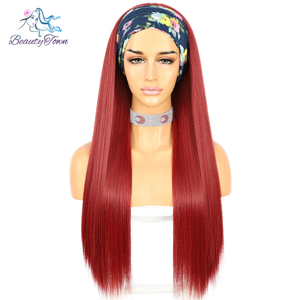 

BT Long Yaki Straight 26inches Red Color Headband Wig for Women Daily Wedding Party Travel No Gel Glueless Wigs 2 Free Bands