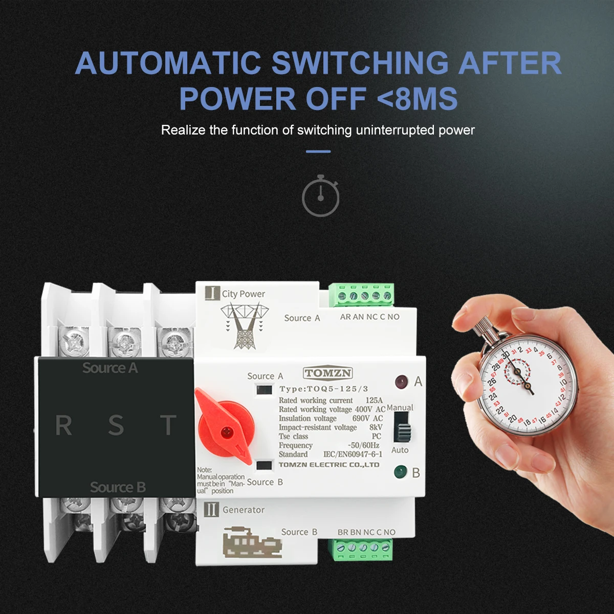 3P 3 Phase Din Rail ATS for PV and inverter Dual Power Automatic Transfer Selector Switches Uninterrupted 63A 100A 125A