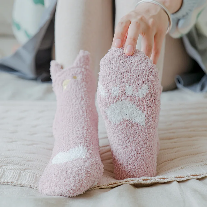 Chaussettes en peluche molletonnées de corail pour femmes, 3 paires, chaussettes chaudes, mignonnes, épaisses, avec griffes de chat, automne et hiver