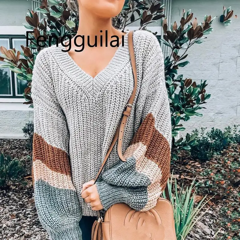 Fashion Striped V Neck Pullover Women sweater 2020 Autumn Winter Gray Long Sleeves Sweater Female High Street Loose Mujer Jumper