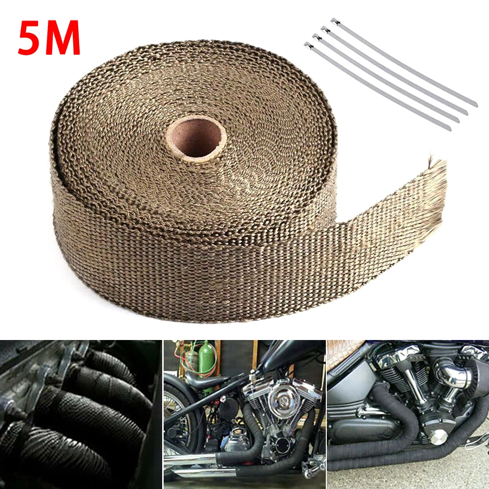 YULLING Exhaust Heat Wrap Thermal Tape Fiberglass Heat Wrap Manifold Insulation Roll Resistant with Stainless Ties 5M*2.5cm