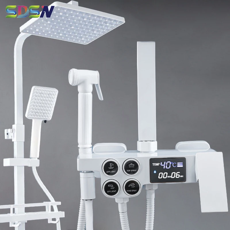 Hot Cold Digital Shower Set with LED Screen White Bathroom Mixer Tap Rainfall Shower Head Thermostatic Digital Shower System