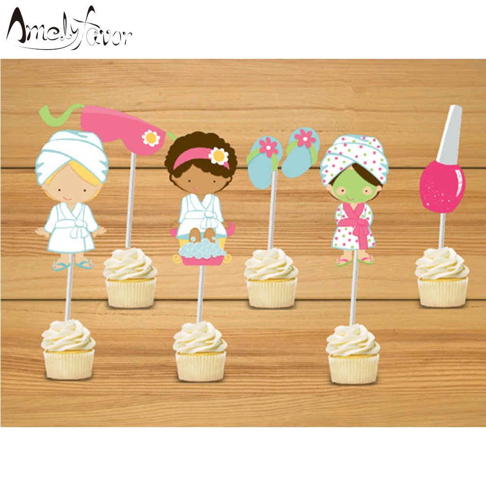 Spa Theme party Cupcake Toppers Cosmetic Slippers Sauna SPA Girls Kids Birthday Party Decorations Supplies Cake Decoration