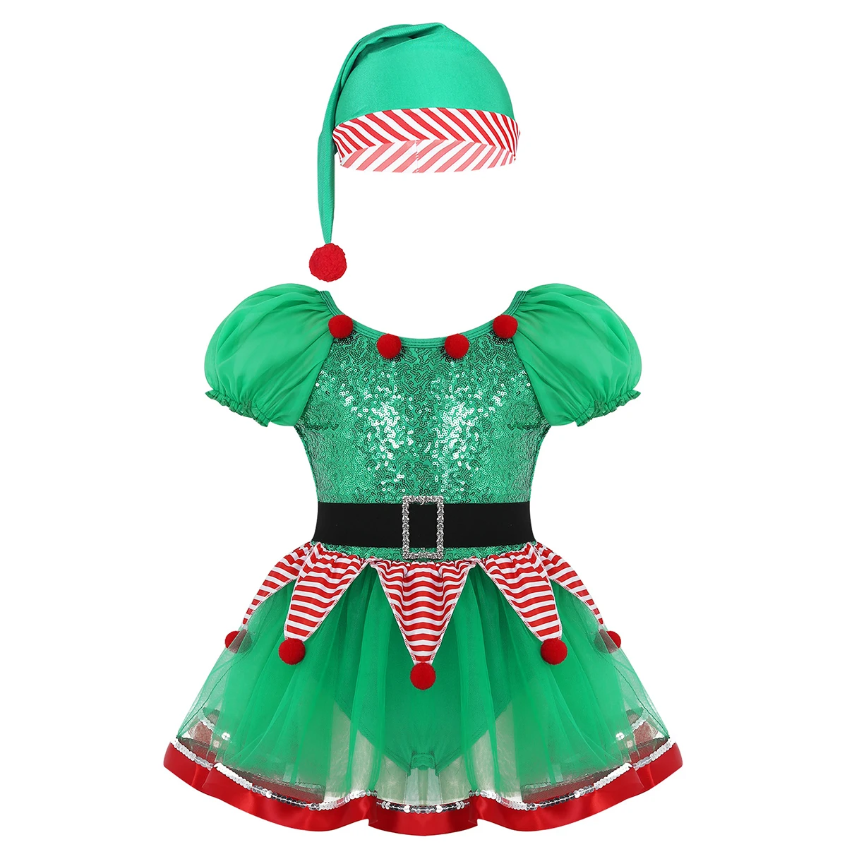 Green Girls Christmas Elf Dress Mrs Santa Claus Cosplay Costumes Kids Holiday Festive Suit Party Fancy Dress with Santa Hat Set