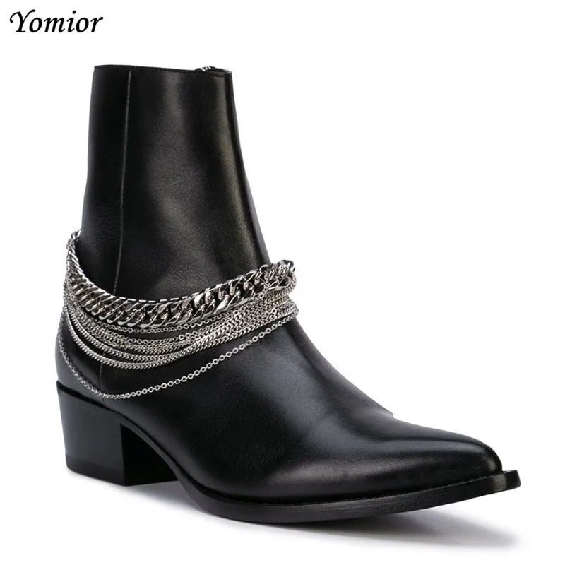 Yomior Spring Handmade Cow Leather Vintage Men shoes Fashion Brand Chain Tassel Ankle Boots High Quality Chelsea Boot Big Size