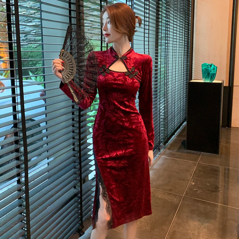 red and black chinese dress Oriental Dress Black Red Tang Qipao Evening Dresses Vintage Cheongsam  Traditional Chinese Style New Year Sexy Cheongsams Dress