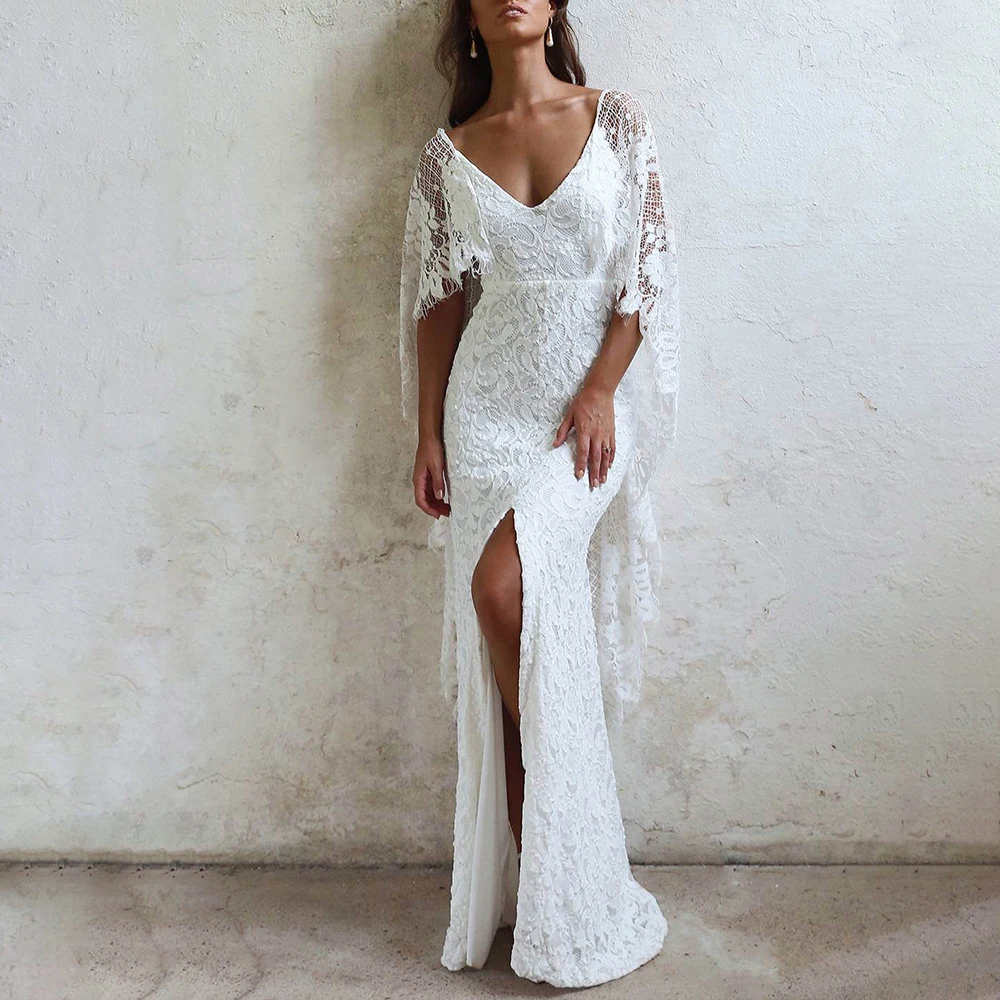 Boho długi nietoperz suknia ślubna Backless Lace Custom Made cel Elopement wysoki podział paczuli płaszcza suknia ślubna