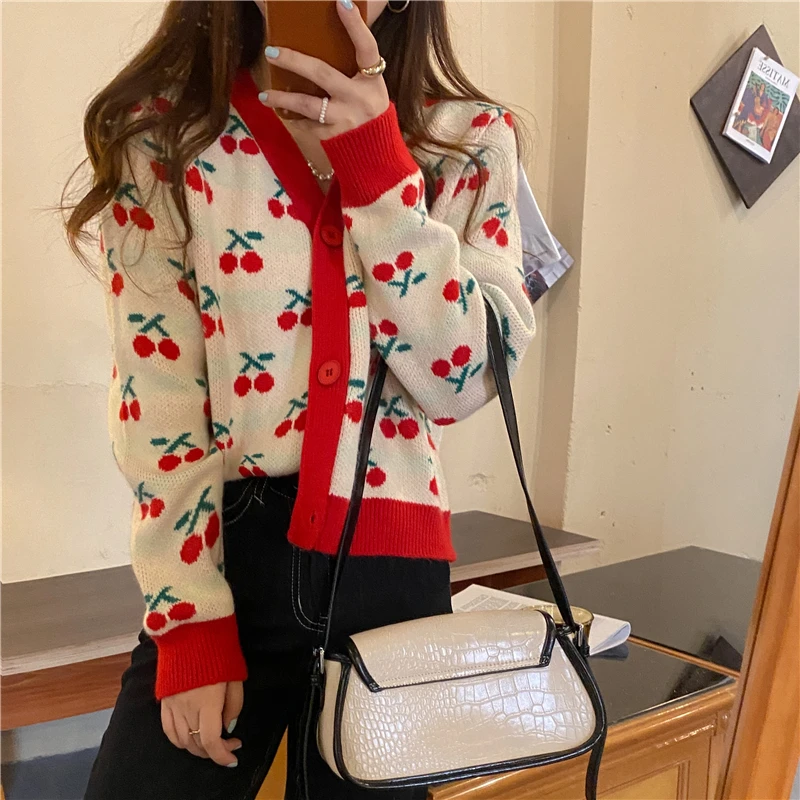 

2021 Femme Cardigans Sweaters Cherry Sweet All Match Autumn Ol Fashion Loose-Fitting Knitwear Slim Warm Hot Coats V-neck