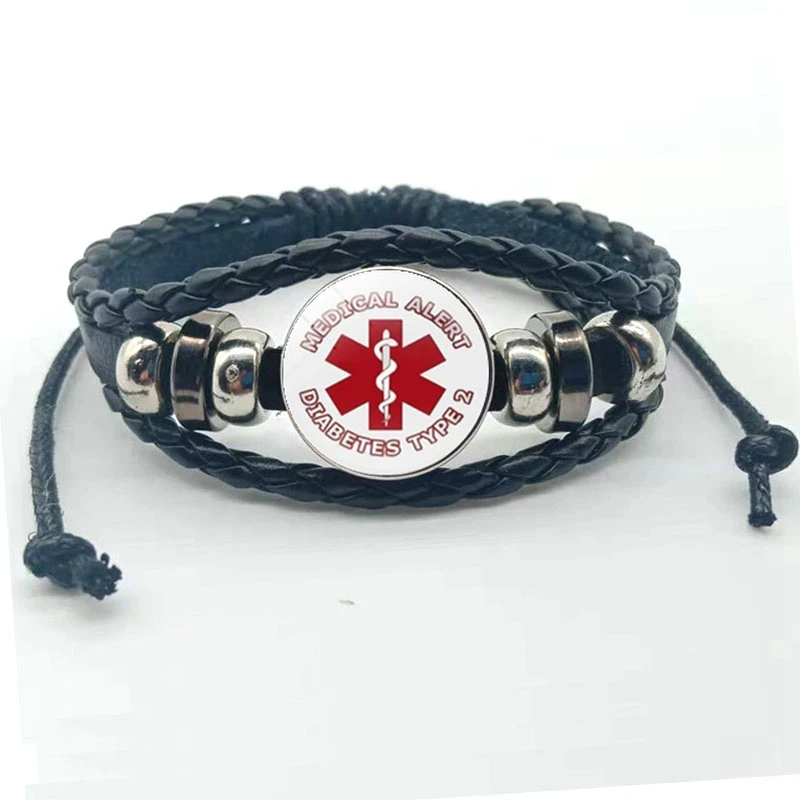 New fashion diabetes emergency medical warning bracelet men and women memory jewelry black leather bracelet doctor patient gift