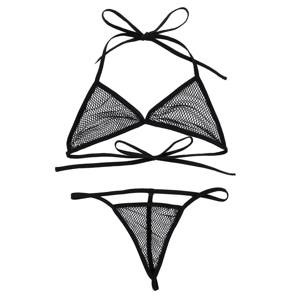 Women See-through Bikini Brazilian Swimsuit Bra Top with G-string Thongs Briefs Swimwear Set Lingerie Fishnet Mini Bikini Set