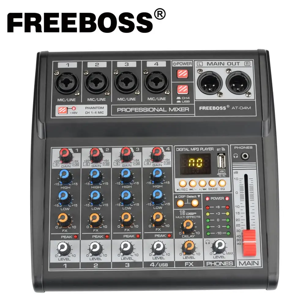 

Freeboss AT-04M Portable DC 5V Power Supply Bluetooth USB Interface 4 Channel 16 Effect PC record Sound Card Audio Mixer Console