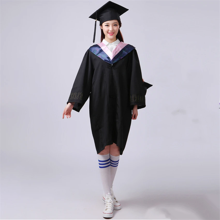 Womnen Men University Graduation Gown Student High School Uniforms Team Wear Academic Dress for Adult Bachelor Robes+Hat Set