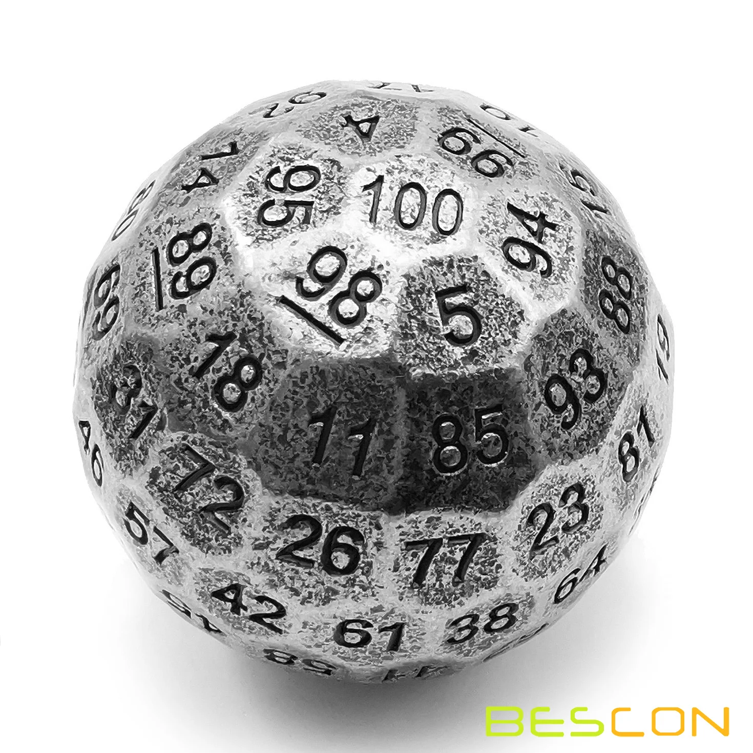 Bescon Solid Metal 100 Sided Dice, Game Dice D100,Giant Polyhedral Metal 100 Sides Dice 50MM in Diameter (1.97in),Ancient Silver 