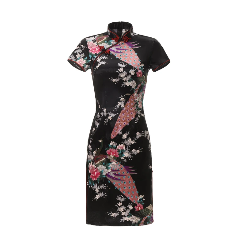 

Black Peacock&flower Qipao For Women Traditioanl Casual Dress Oversize 3XL Lady Sexy Cheongsam Mandarin Collar Chinese Dresses