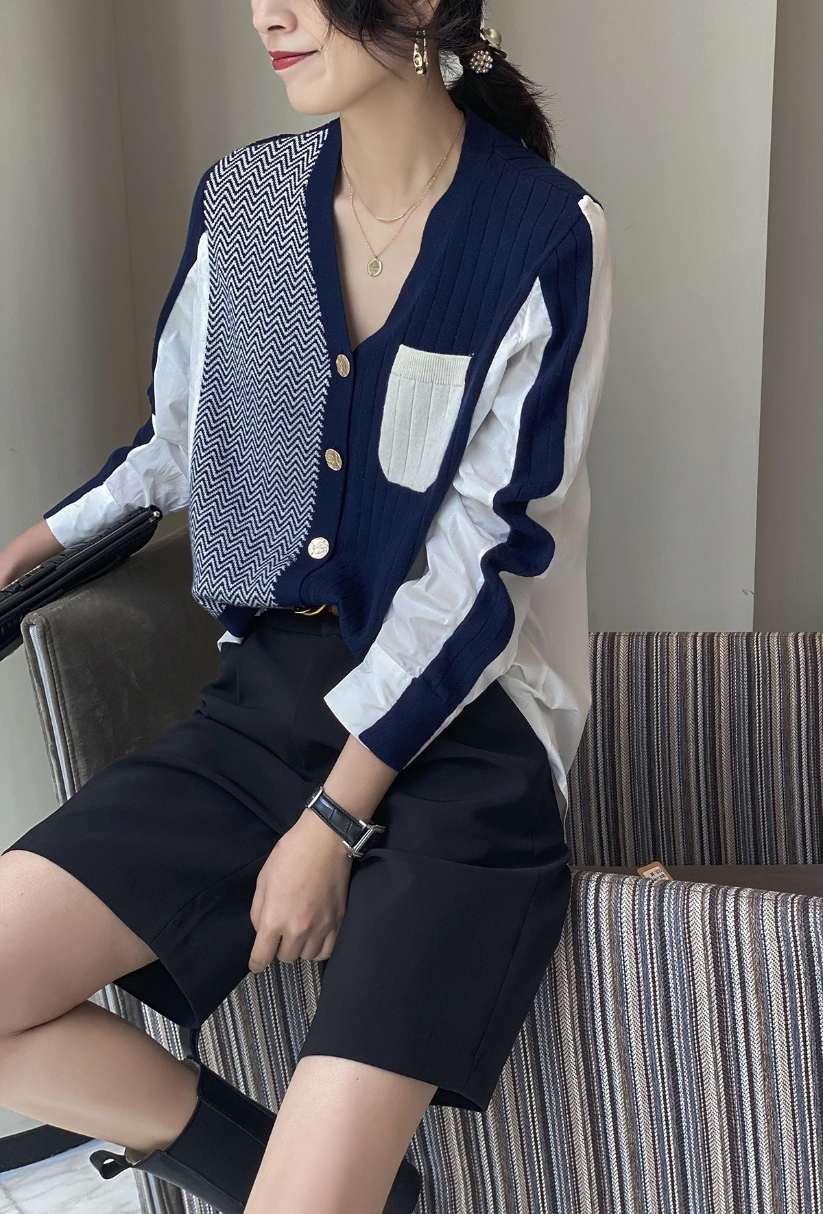 Korean Chic Spring Summer Retro Blouse Tops Casual Single-Breasted Cardigan V Neck knitting Patchwork Shirt Elegant Shirt