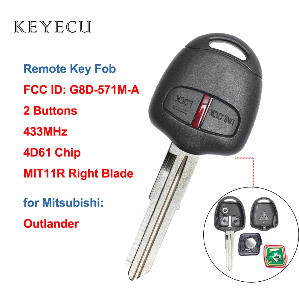 

Keyecu Remote Car Key Fob 2 Buttons 433MHz 4D61 Chip for Mitsubishi Outlander 2005-2010, FCC ID: G8D-571M-A, MIT11R Right Blade