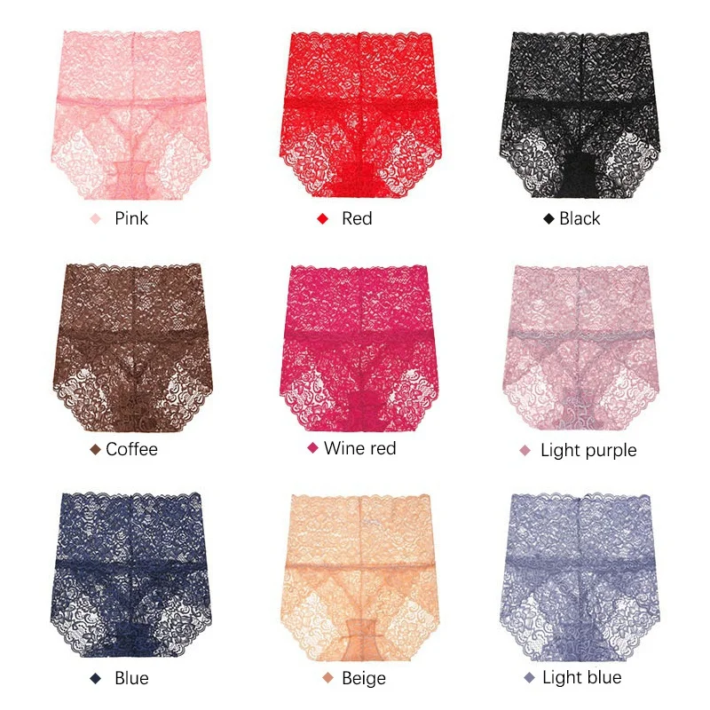 1Pc Fashion Women High Waist Plus Size Panties Lace Mesh Floral Transparent Briefs Underwear Solid Seamless Underpants Lingerie